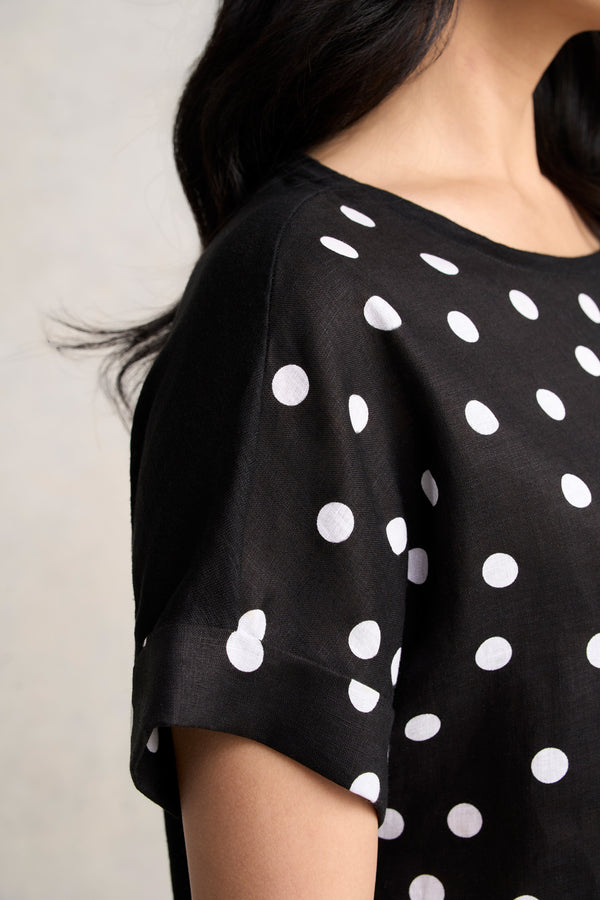 Linen Mix Top - Black Polka Dot