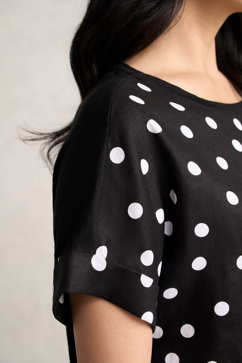 Linen Mix Top - Black Polka Dot