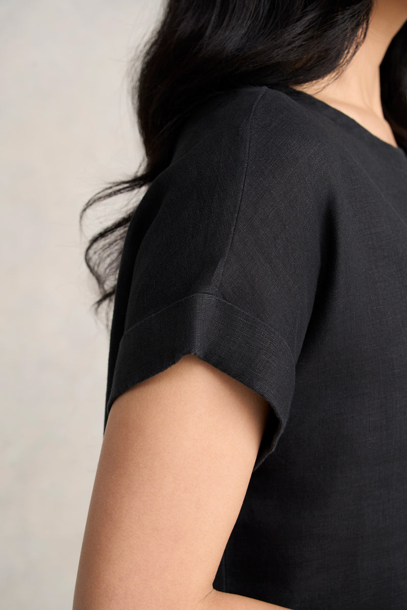 Linen Button Back Top - Black