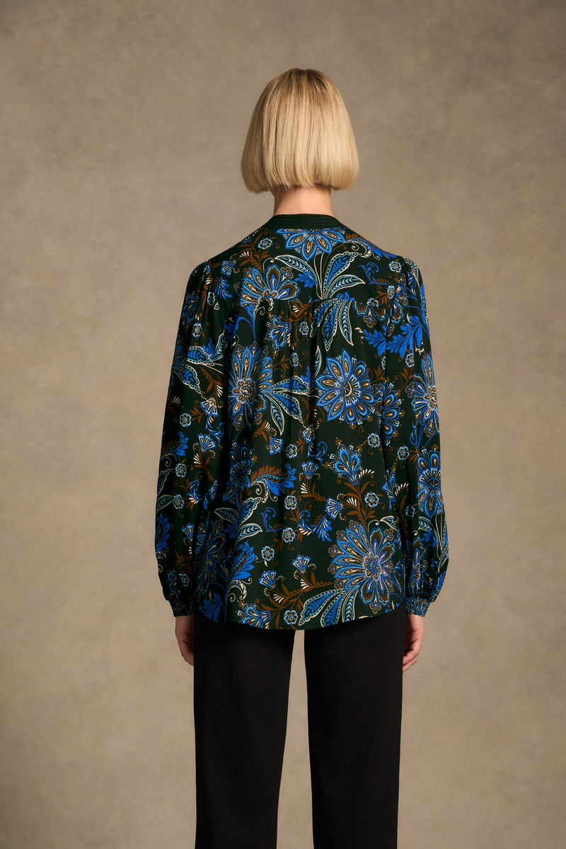 Notch Neck Blouse - Indigo Chintz Print