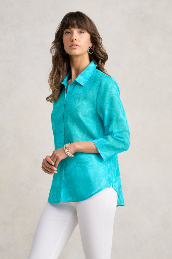 Longline Cotton Shirt - Foliage Print