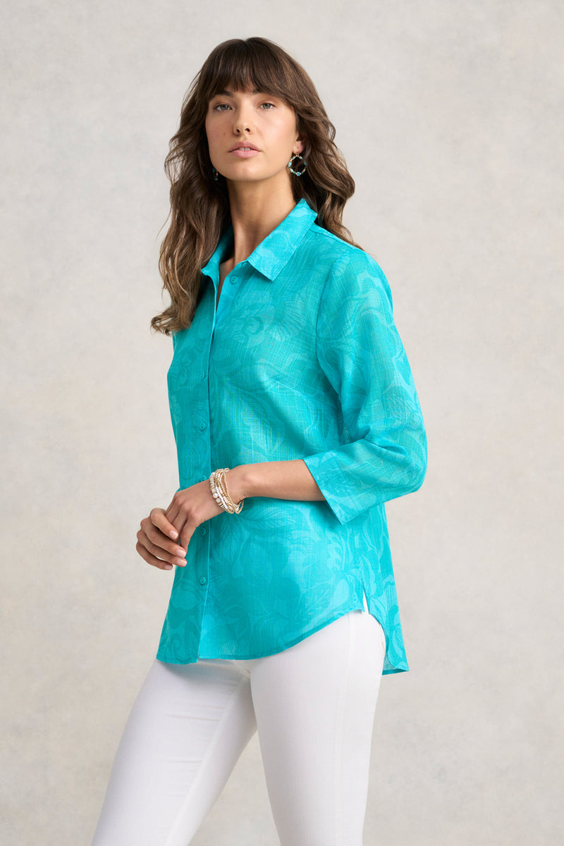 Longline Cotton Shirt - Foliage Print