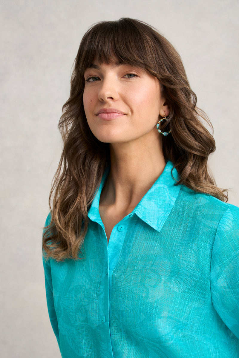 Longline Cotton Shirt - Foliage Print