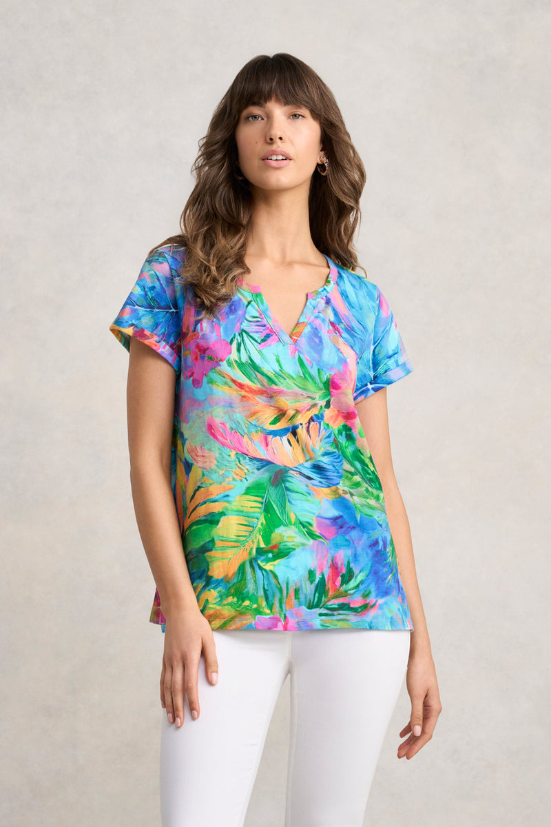 Notch Neck Cotton Tee - Vibrant Palm Print