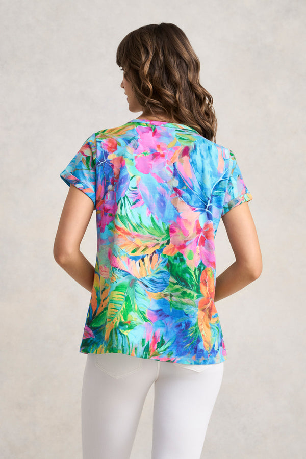 Notch Neck Cotton Tee - Vibrant Palm Print