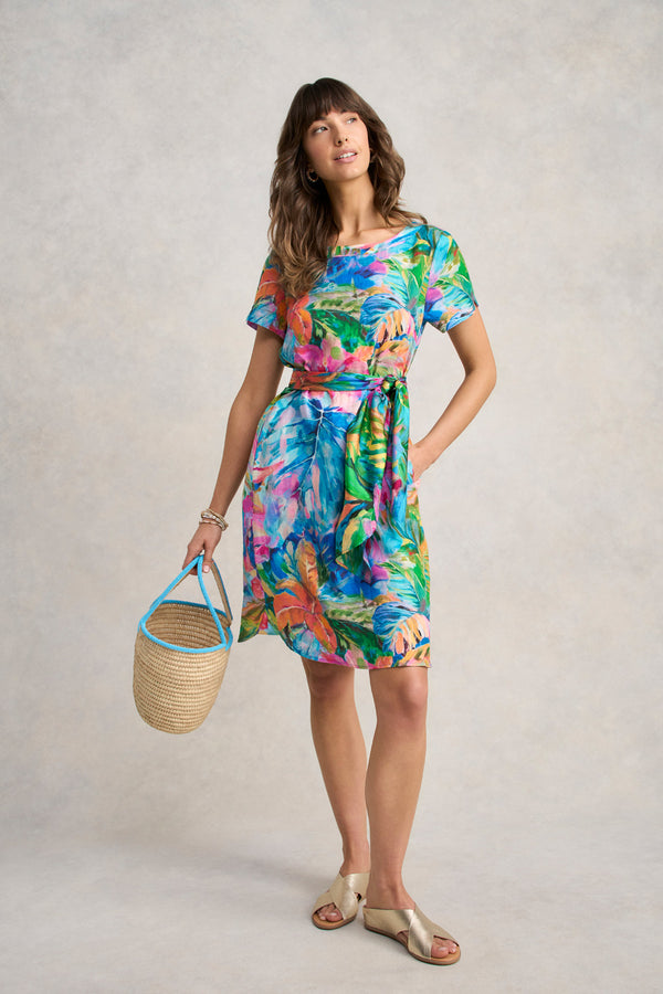 Printed Linen Dress - Vibrant Palm Print