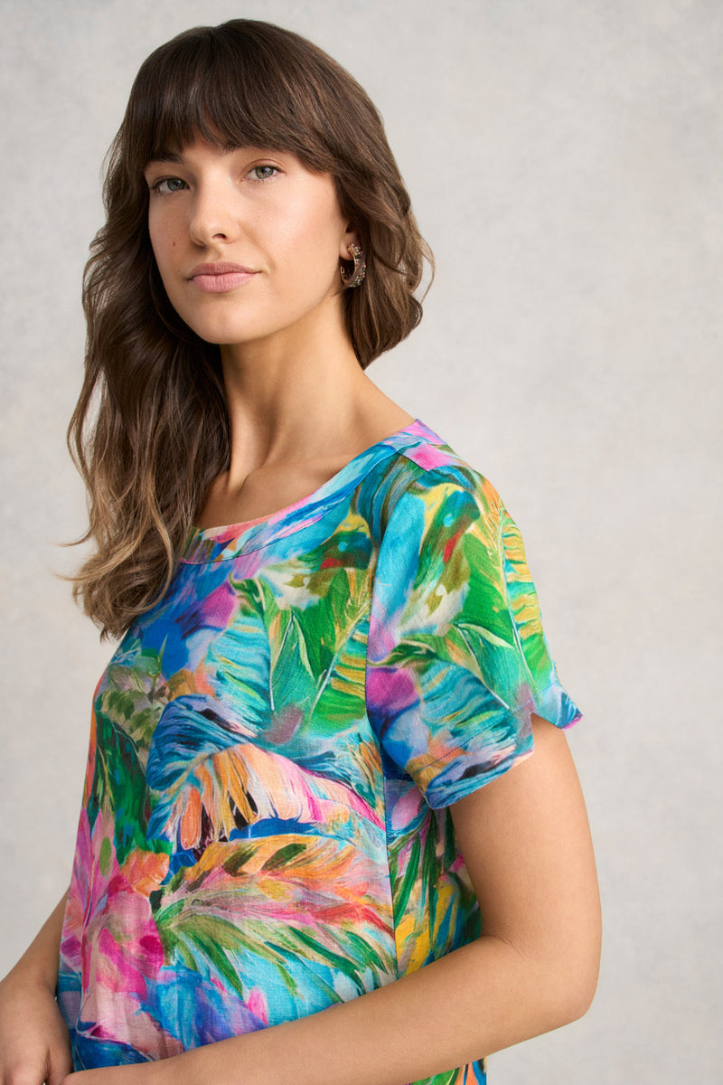 Printed Linen Dress - Vibrant Palm Print