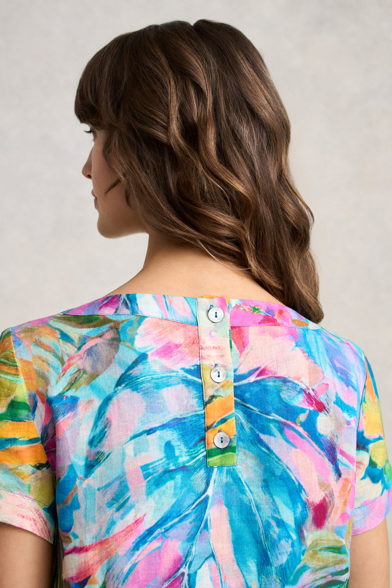 Printed Linen Dress - Vibrant Palm Print Blue Illusion Printed Linen Dress - Vibrant Palm Print Blue Illusion