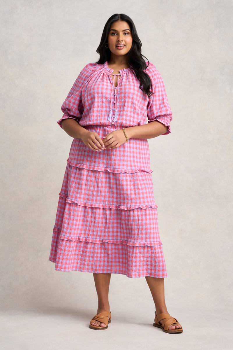 Cotton Gingham Tiered Dress - Lilac and Coral Gingham