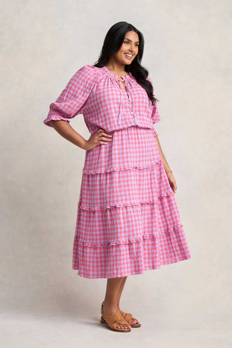 Cotton Gingham Tiered Dress - Lilac and Coral Gingham