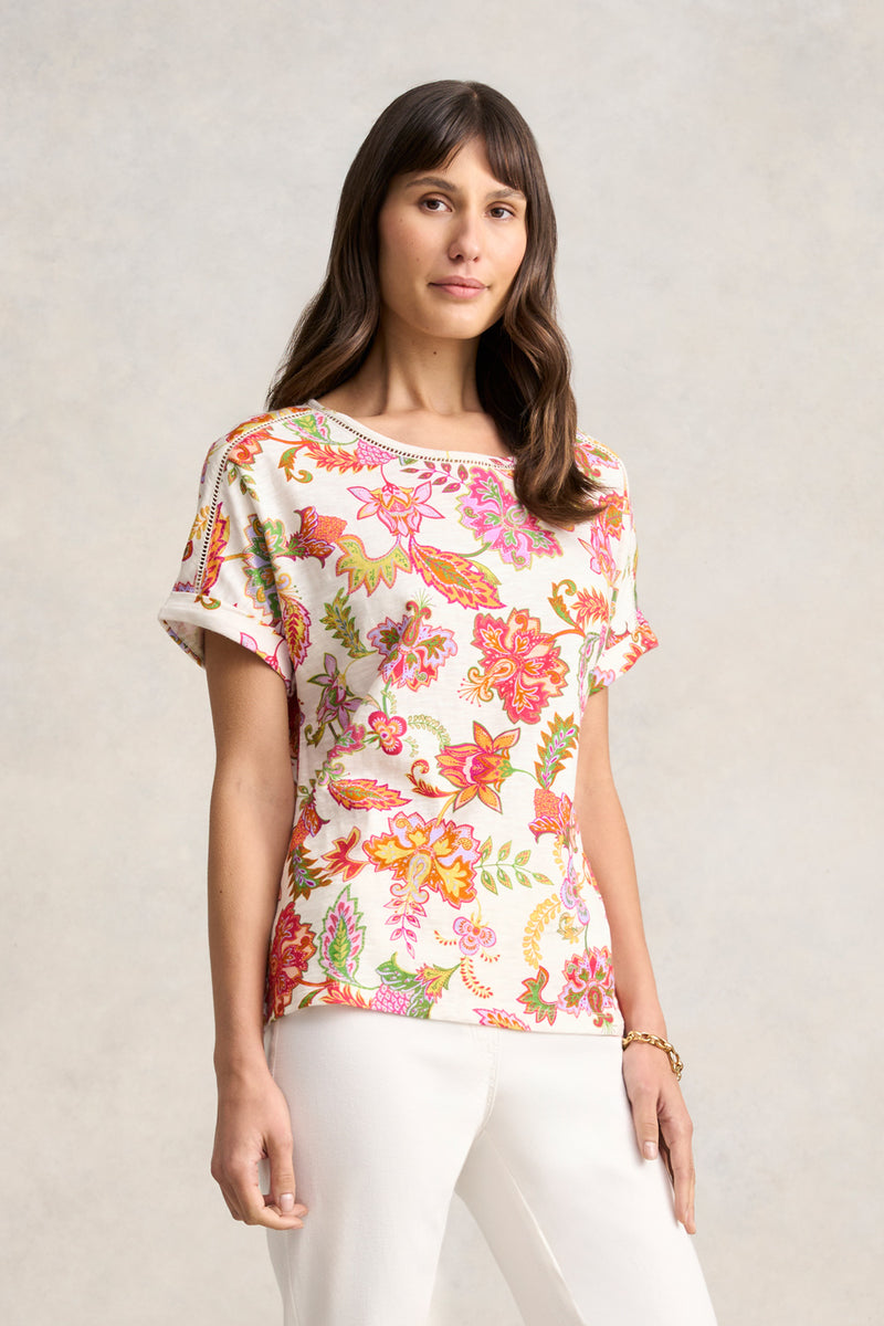 Ladder Trim Tee - Floral White Print