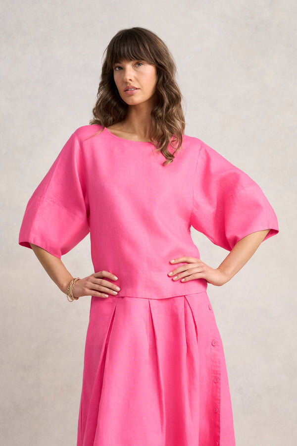 Linen Button Back Top - Sunset Pink