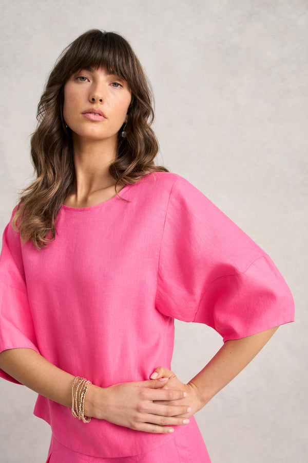 Linen Button Back Top - Sunset Pink