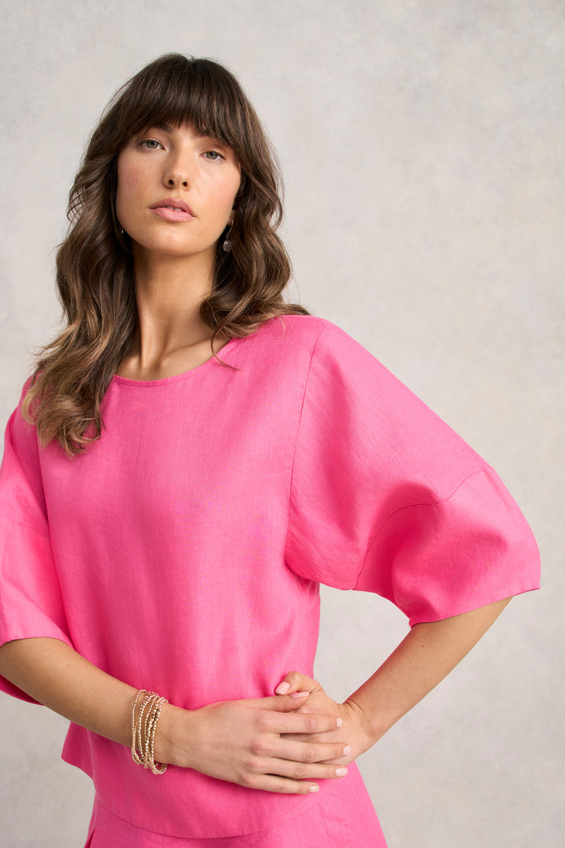 Linen Button Back Top - Sunset Pink