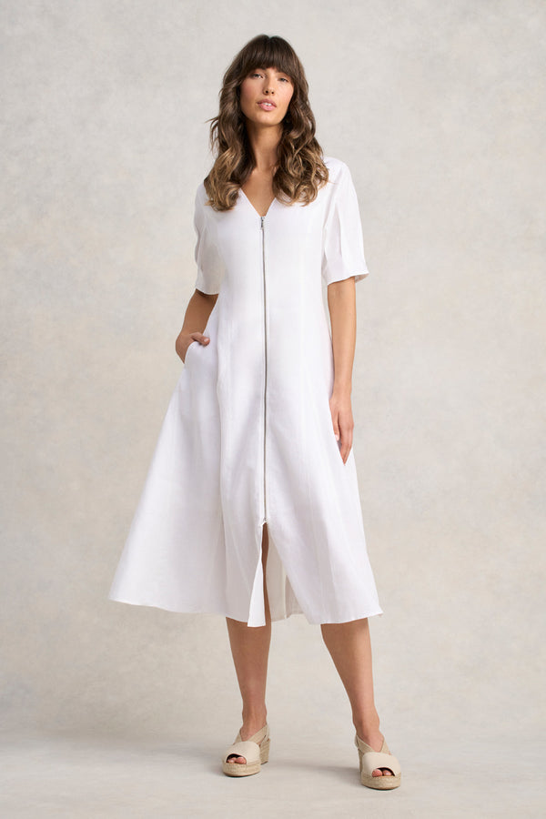 Zip Through Linen Dress - White