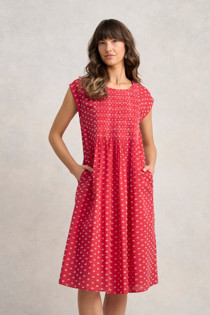 Cotton Shirred Dress - Poppy White Spot