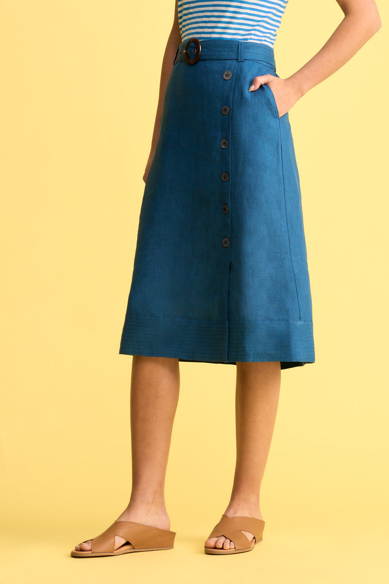 Belted Linen Skirt - Navy Cross Dye