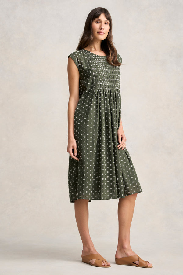 Cotton Shirred Dress - Khaki