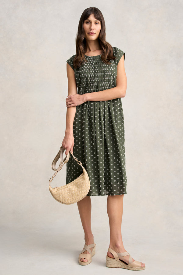 Cotton Shirred Dress - Khaki