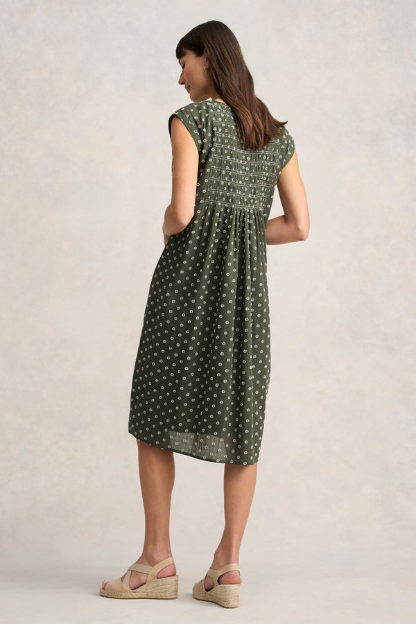 Cotton Shirred Dress - Khaki