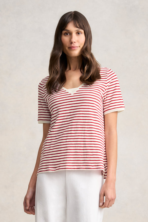 Insert V-Neck Cotton T-Shirt - Rouge and White Stripes