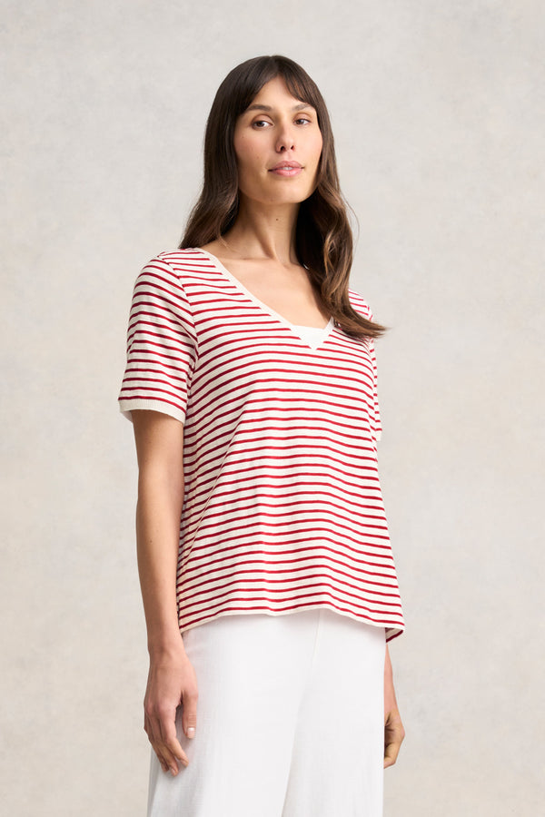 Insert V-Neck Cotton T-Shirt - Rouge and White Stripes