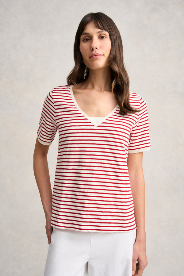 Insert V-Neck Cotton T-Shirt - Rouge and White Stripes