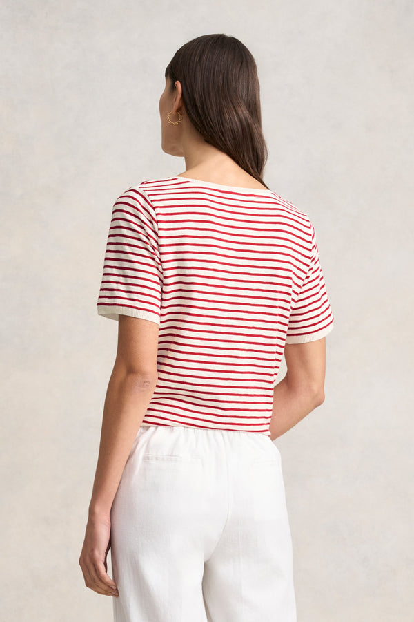 Insert V-Neck Cotton T-Shirt - Rouge and White Stripes