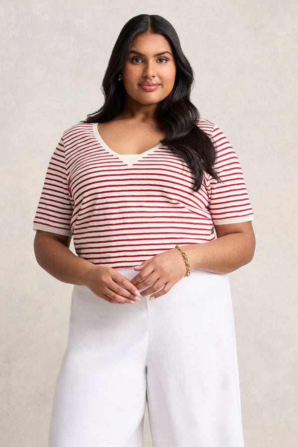 Insert V-Neck Cotton T-Shirt - Rouge and White Stripes