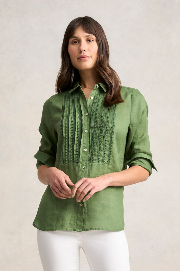 Lace Trim Linen Shirt -  Khaki