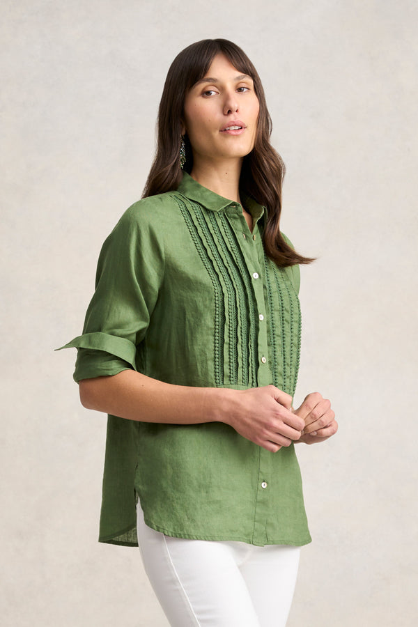 Lace Trim Linen Shirt -  Khaki