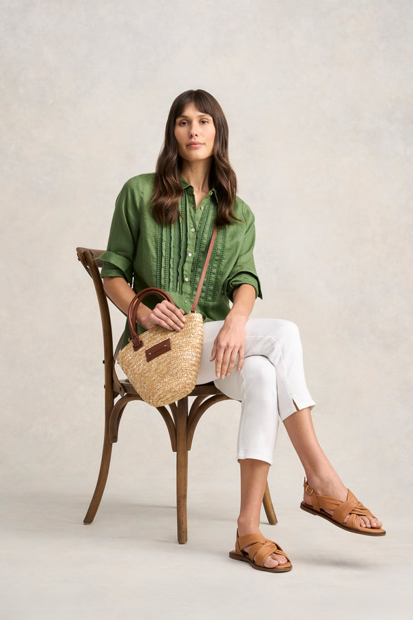 Lace Trim Linen Shirt -  Khaki