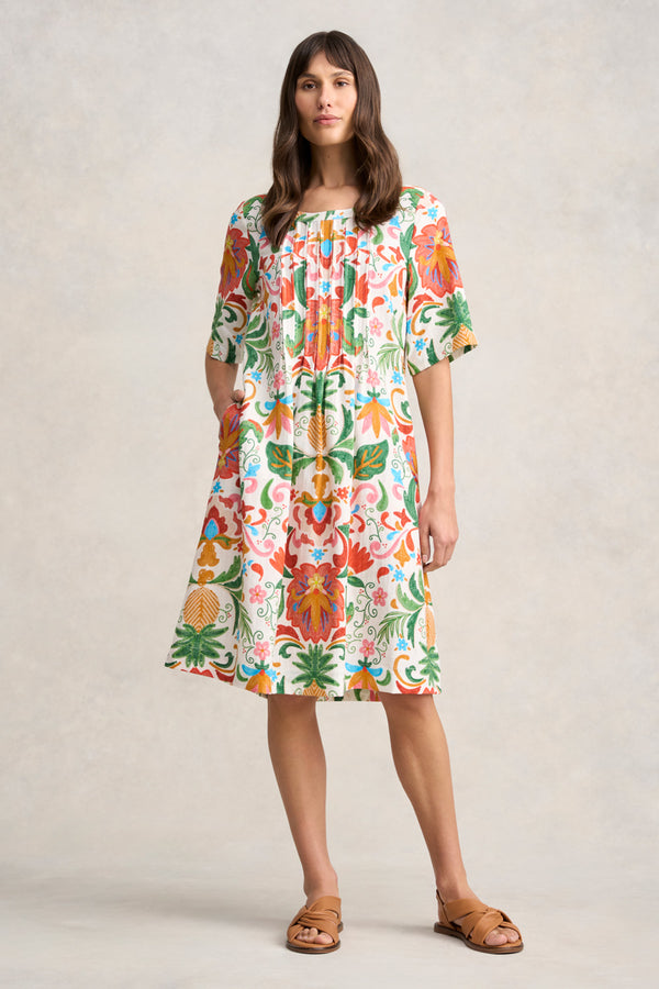 Linen Blend Pleat Front Dress - Tropical Tambour Print