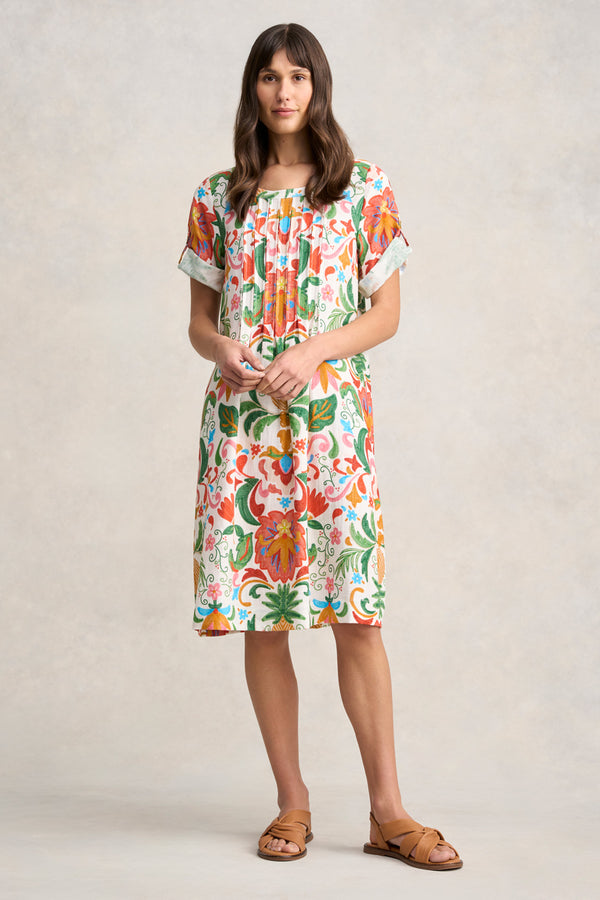 Linen Blend Pleat Front Dress - Tropical Tambour Print