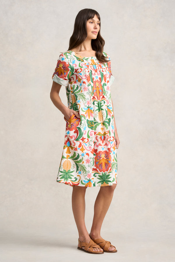 Linen Blend Pleat Front Dress - Tropical Tambour Print