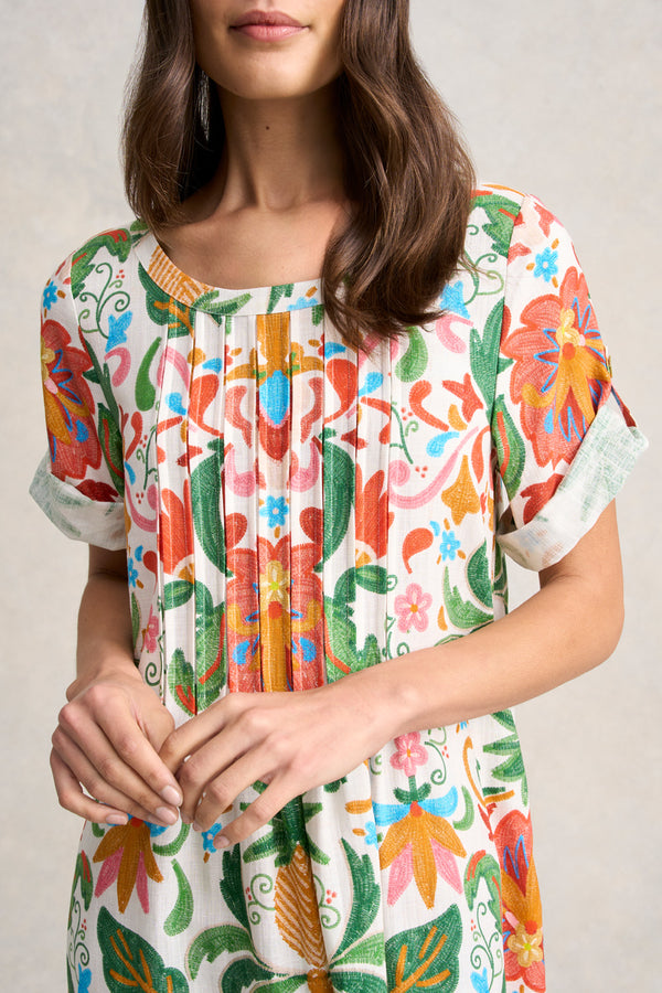 Linen Blend Pleat Front Dress - Tropical Tambour Print