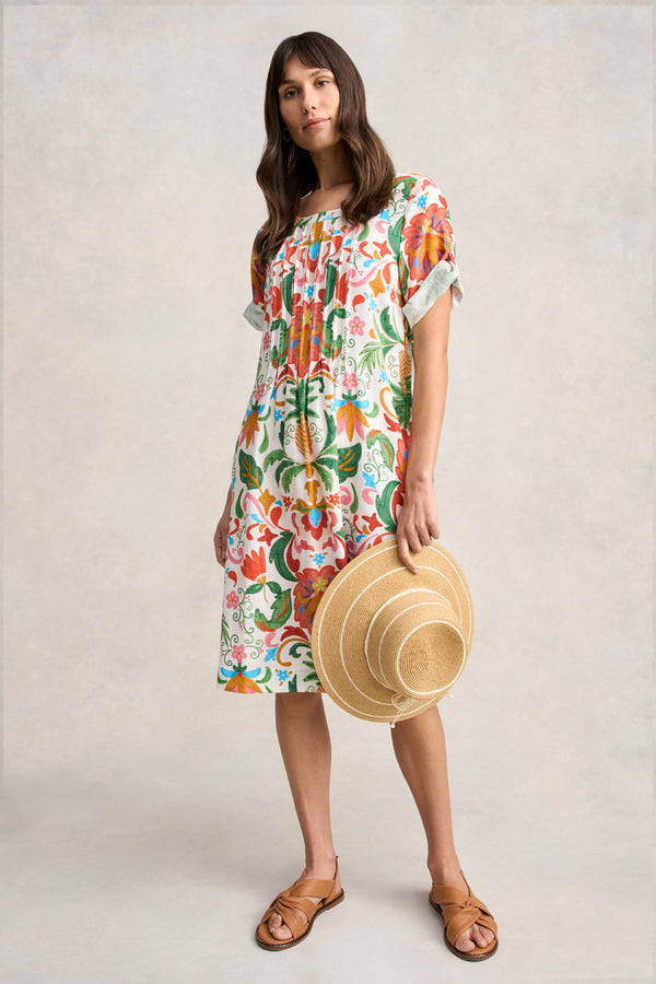 Linen Blend Pleat Front Dress - Tropical Tambour Print