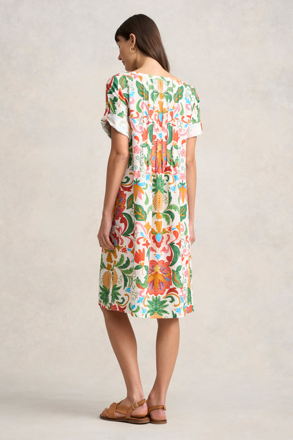 Linen Blend Pleat Front Dress - Tropical Tambour Print