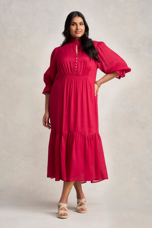 Linen Silk Tier Dress - Rouge