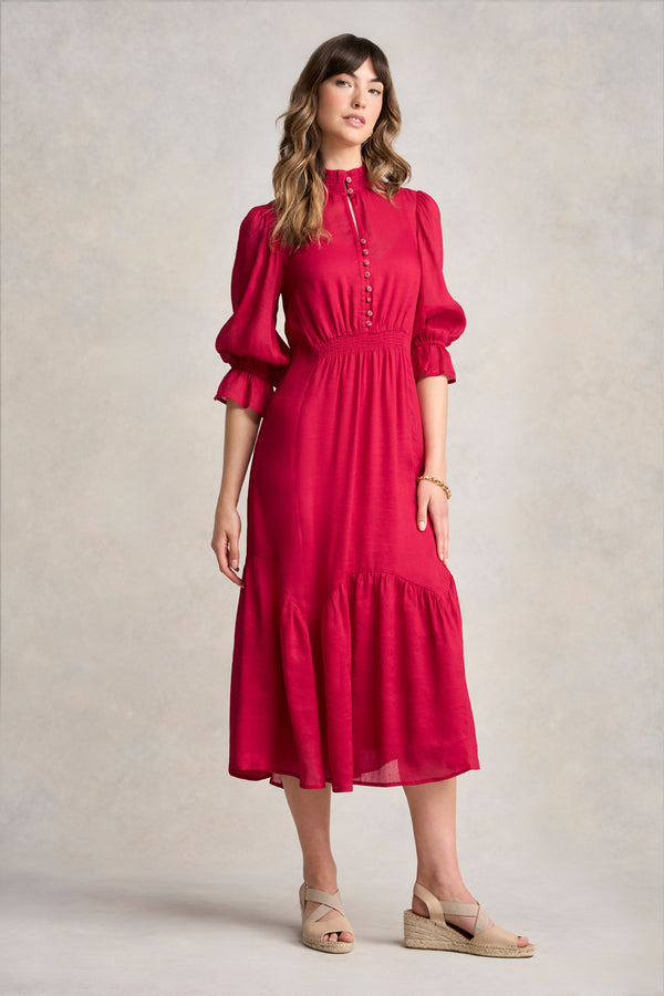 Linen Silk Tier Dress - Rouge