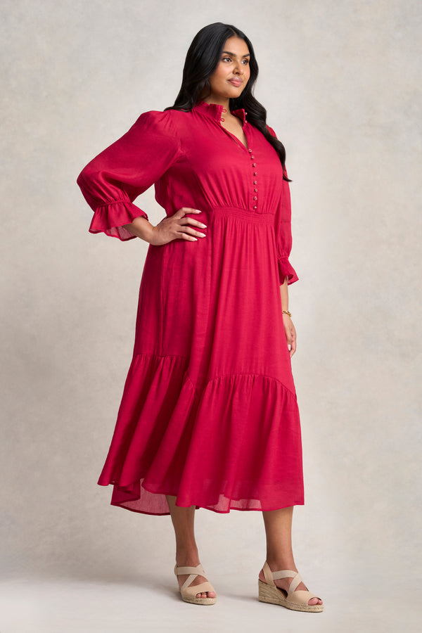 Linen Silk Tier Dress - Rouge