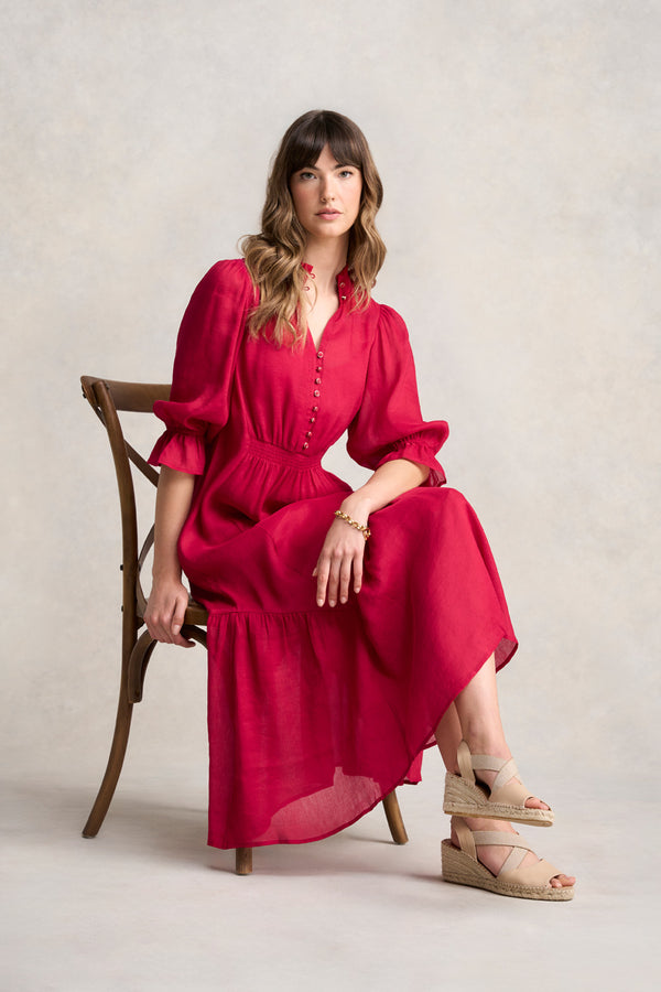 Linen Silk Tier Dress - Rouge