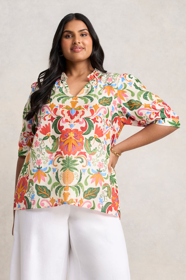 Ruffle Collar Blouse - Tropical Tambour Print