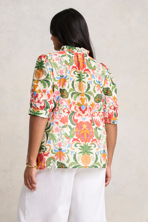 Ruffle Collar Blouse - Tropical Tambour Print