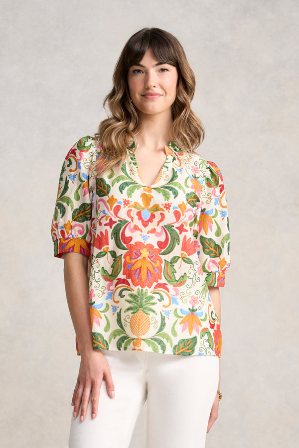 Ruffle Collar Blouse - Tropical Tambour Print