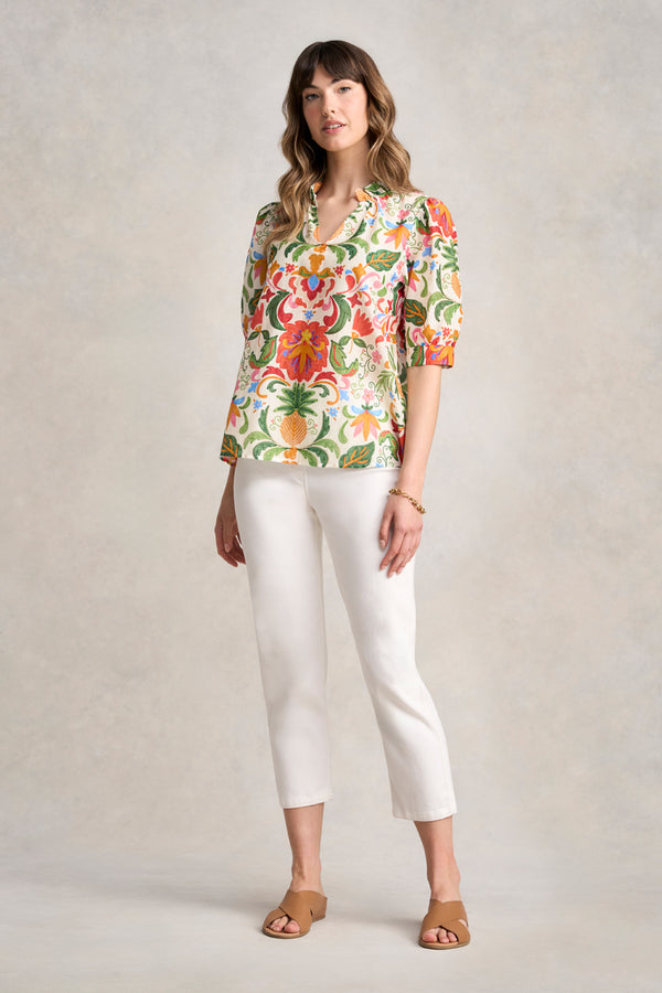 Ruffle Collar Blouse - Tropical Tambour Print