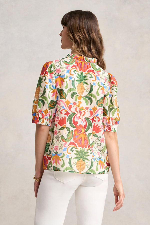 Ruffle Collar Blouse - Tropical Tambour Print