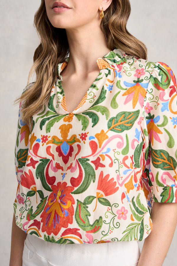 Ruffle Collar Blouse - Tropical Tambour Print