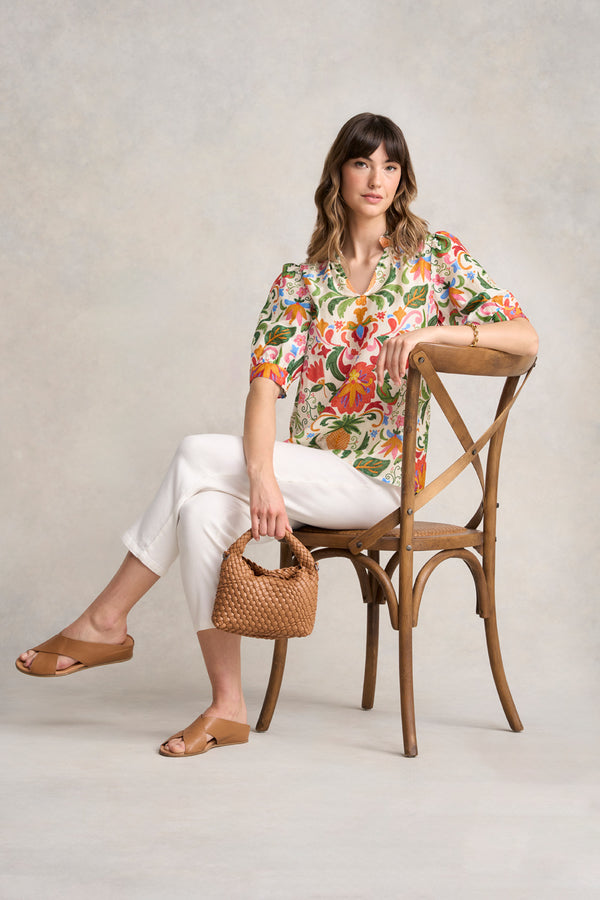 Ruffle Collar Blouse - Tropical Tambour Print