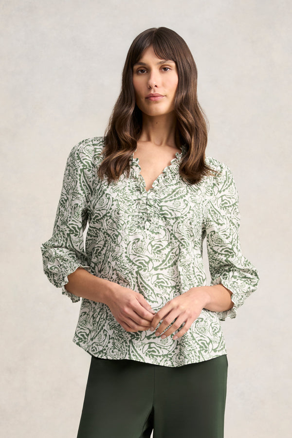 Ruffle Cotton Top - Khaki and White Paisley Print